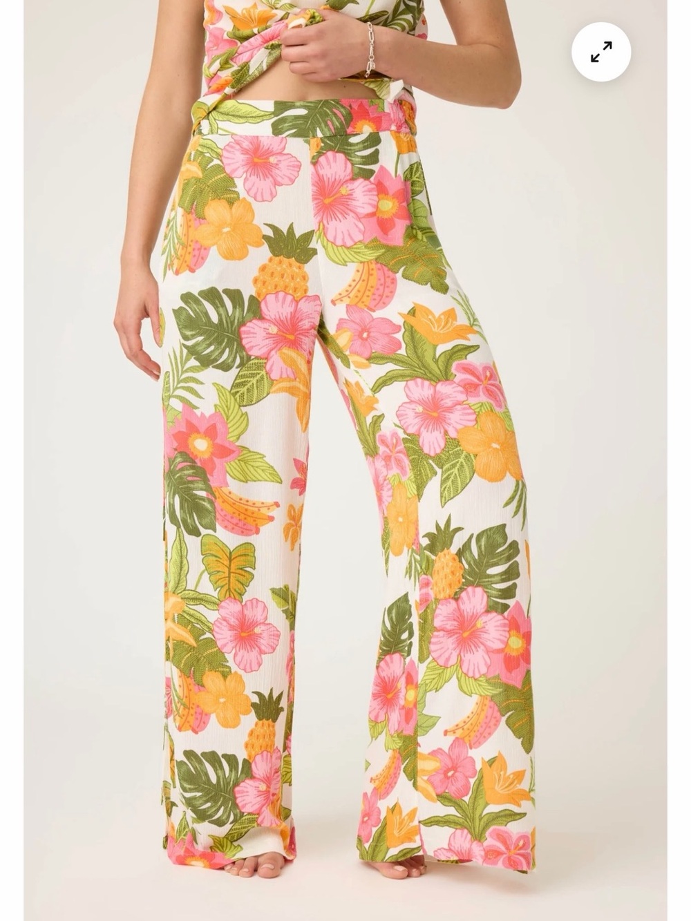 PJ Salvage Tropical Floral Wide-Leg Pants in Pink & Green